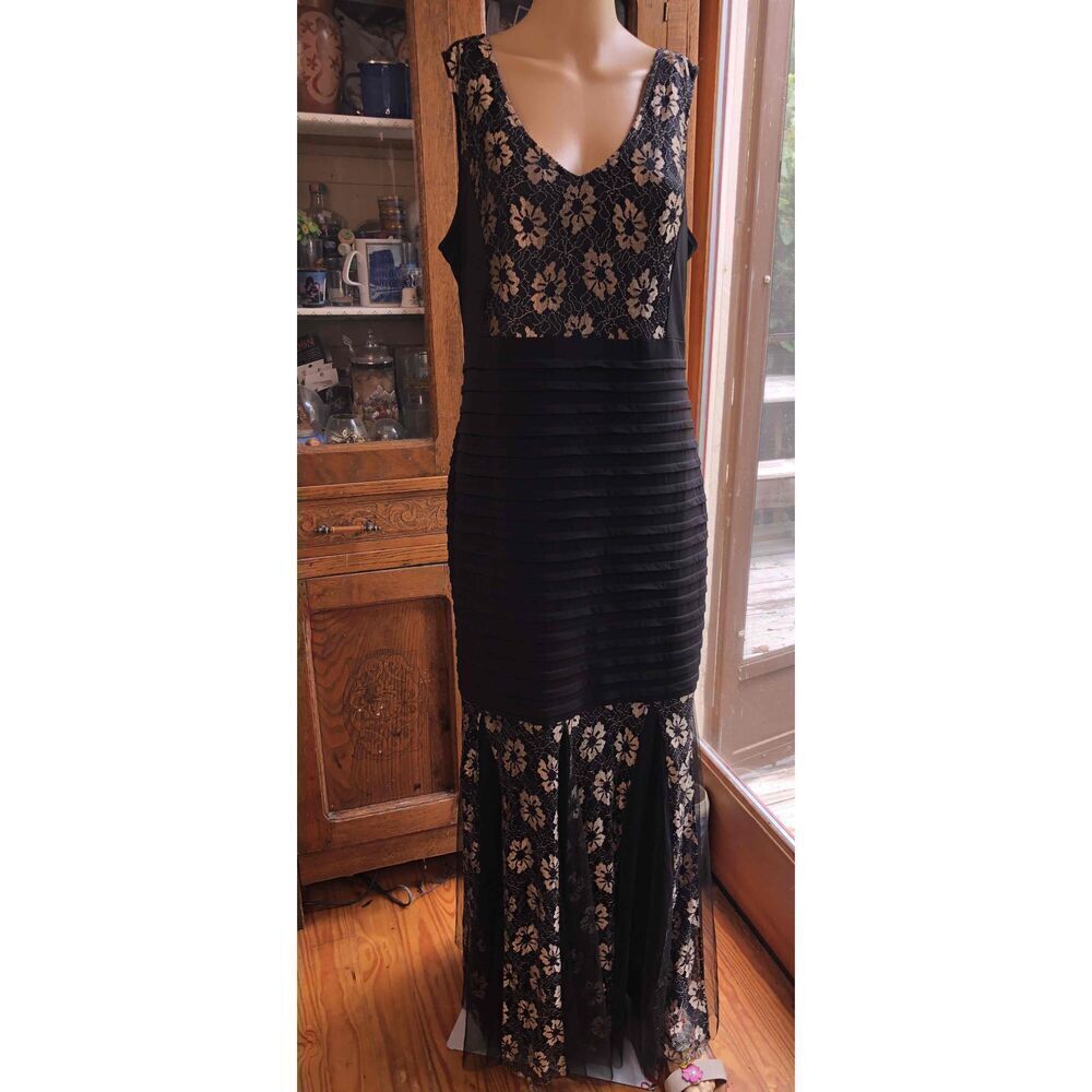 Candolite Black Gold Lace Overlay Maxi Evening Dress Trumpet Hem  Large - Picture 6 of 15